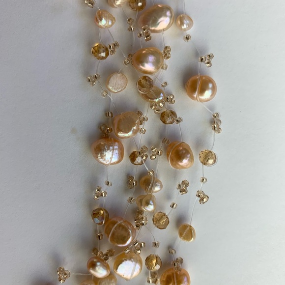Muti-strand Peach Cultured Freshwater Pearls Illusion Bride Floating Necklace - Picture 4 of 5